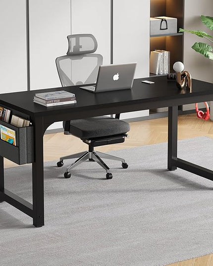 63 Inch Large Computer Desk Writing Study Work Office Table Home Office Desk Moderm Gaming Desk Simple Workstation with Storage Bag and Iron Hook - Black - LeafyLoom