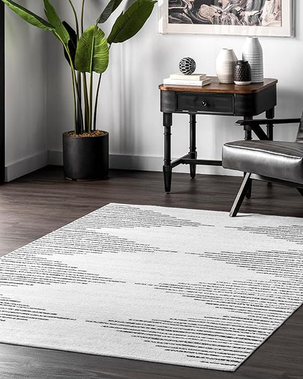 nuLOOM Romina Machine Washable Diamond Stripes Ultra Thin Area Rug, 8 x 10, White - LeafyLoom