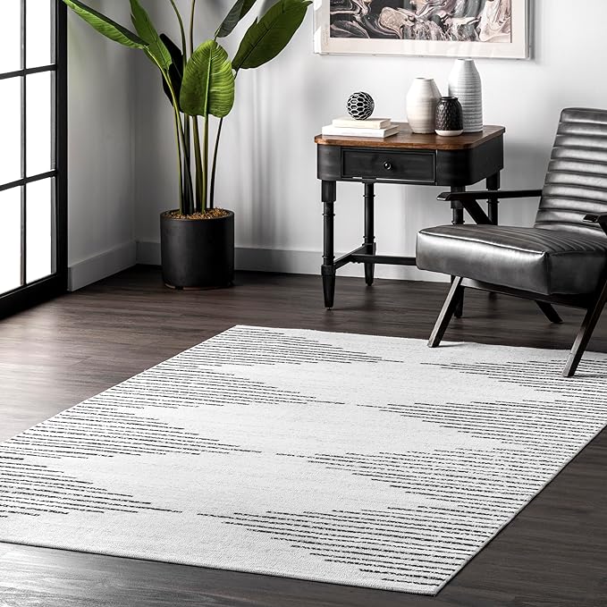 nuLOOM Romina Machine Washable Diamond Stripes Ultra Thin Area Rug, 8 x 10, White - LeafyLoom