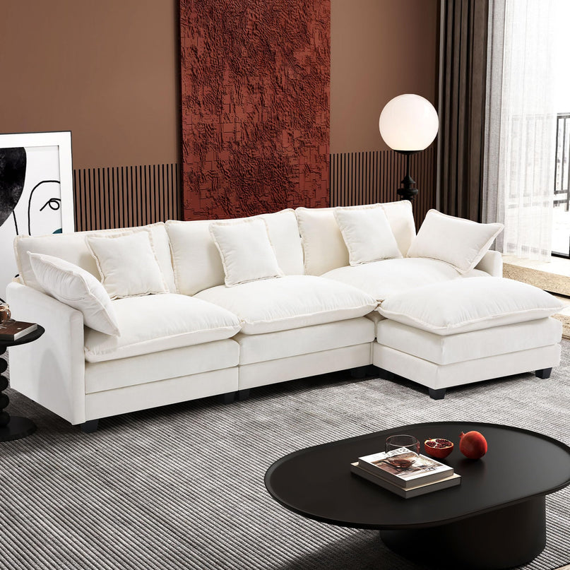 Ihanherry 111.4" L Shaped Modern Sofa Modular Sectional Cloud Couch with Ottoman, 4-Seat Chenille Deep Seat Sofa with Pillow for Living Room, Bedroom and Apartment, Beige LeafyLoom