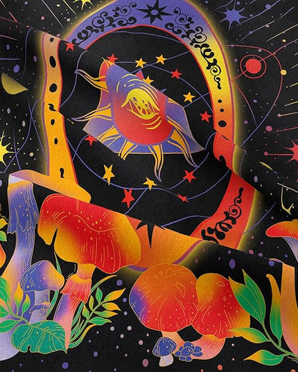 Tailor Shop Celestial Bedding Twin Size,Sun and Moon Bedding for Boys Girls Kids Teens, Mushroom Comforter Gothic Comforter Witchy Comforter Boho Exotic Black Bed with 1 Pillowcases - LeafyLoom