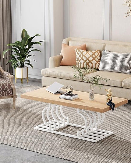 Tribesigns Farmhouse Coffee Table, 47 Inch Rustic Cocktail Table with Geometric Frame, Rectangular Wood Center Table Tea Table Accent Furniture for Living Room, French Country Decor (White/Natural) - LeafyLoom
