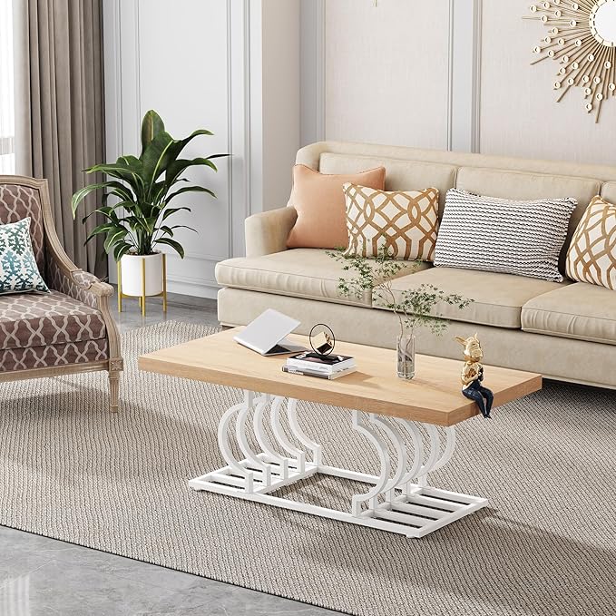 Tribesigns Farmhouse Coffee Table, 47 Inch Rustic Cocktail Table with Geometric Frame, Rectangular Wood Center Table Tea Table Accent Furniture for Living Room, French Country Decor (White/Natural) - LeafyLoom