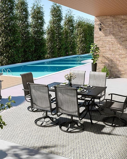 Pamapic 7 Pieces Patio Dining Set, Outdoor Dining Set All-Weather for Backyard Poolside Garden Deck, Modern Outdoor Table and Chairs Set with 6 Textilene Swivel Chairs,Gray - LeafyLoom