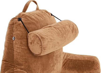 Husband Pillow XXL Tan Backrest with Arms - Adult Reading Pillow Shredded Memory Foam, Ultra-Comfy Removable Microplush Cover & Detachable Neck Roll, Unmatched Support for Bed Rest Sit Up Pillow - LeafyLoom