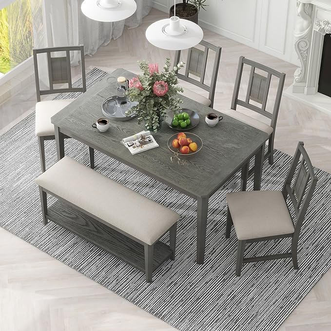 6-Piece Retro Dining Set, Minimalist Rectangular Table and 4 Upholstered Chairs & 1 Bench with a Shelf for Kitchen Living Room, Dark Gray, 60" L x 43" W x 30" H - LeafyLoom