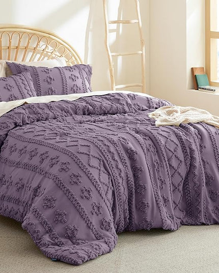 Bedsure Tufted Boho Comforter Set Full - Grayish Purple Boho Bedding Comforter Set, 3 Pieces Farmhouse Shabby Chic Embroidery Bed Set, Soft Jacquard Comforter for All Seasons - LeafyLoom