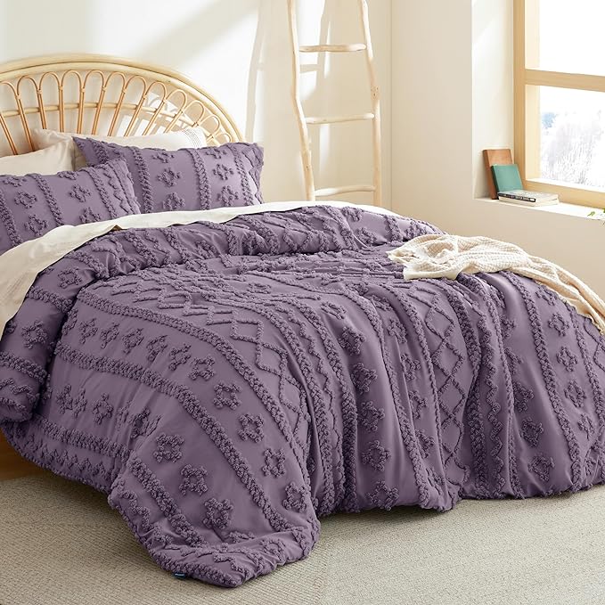 Bedsure Tufted Boho Comforter Set Queen - Grayish Purple Boho Bedding Comforter Set, 3 Pieces Farmhouse Shabby Chic Embroidery Bed Set, Soft Jacquard Comforter for All Seasons - LeafyLoom