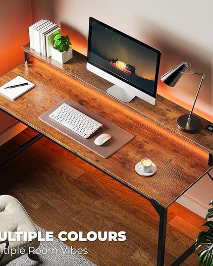 SUPERJARE 55 inch Computer Desk with LED Lights & Power Outlets, Gaming Desk with Monitor Shelf, Small Office Desk for Home & Office, Rustic Brown - LeafyLoom