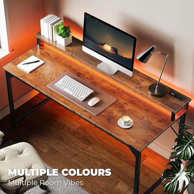 SUPERJARE 55 inch Computer Desk with LED Lights & Power Outlets, Gaming Desk with Monitor Shelf, Small Office Desk for Home & Office, Rustic Brown - LeafyLoom