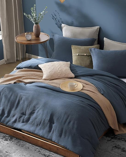 Blue Queen Comforter Set, Minimalist Premium Bedding for Queen Bed Set, Textured Crinkle Queen Bed Set 3 Piece with Farmhouse Modern Comforter & Shams (Queen, 90"x90", Grey Blue) - LeafyLoom