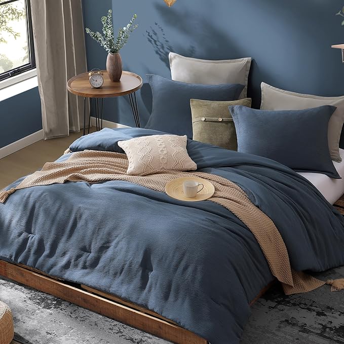 Blue Queen Comforter Set, Minimalist Premium Bedding for Queen Bed Set, Textured Crinkle Queen Bed Set 3 Piece with Farmhouse Modern Comforter & Shams (Queen, 90"x90", Grey Blue) - LeafyLoom