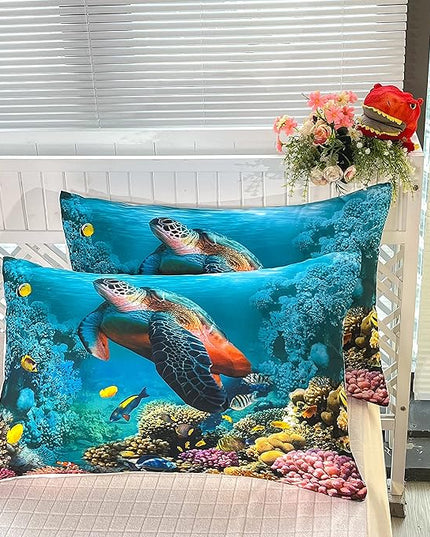 CVHOUSE Sea Turtle Bedding Set,Sea Turtle Comforter Queen,Ocean Beach Comforter Set for Boys Kids Girls,Ocean Quilt Set with 1 Comforter and 2 Pillow Cases - LeafyLoom