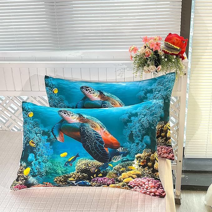 CVHOUSE Sea Turtle Bedding Set,Sea Turtle Comforter Queen,Ocean Beach Comforter Set for Boys Kids Girls,Ocean Quilt Set with 1 Comforter and 2 Pillow Cases - LeafyLoom