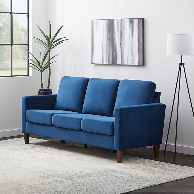 Edenbrook Archer Upholstered Couch – Couches for Living Room – Blue Velvet Couch - Living Room Furniture - Small Couch - Seats Three - Straight Arm Modern Couch - LeafyLoom