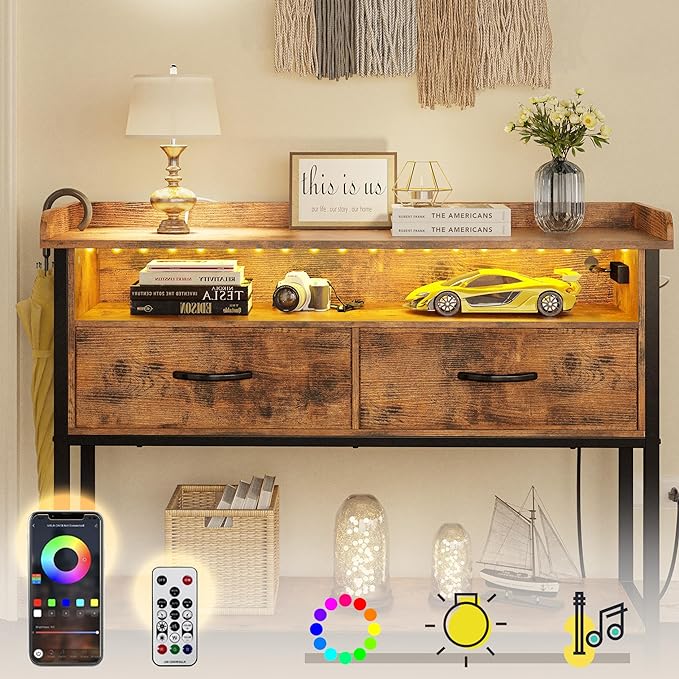 IRONCK Entryway Table with Power Outlet and LED Light, Console Table with 2 Fabric Drawers and Storage Shelves for Entryway, Living Room, Hallway, Vintage Brown - LeafyLoom