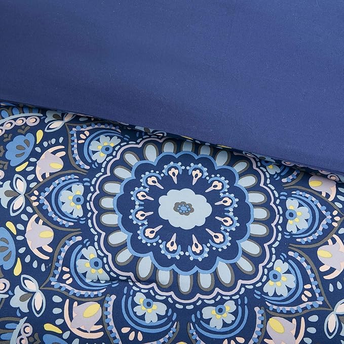 Comfort Spaces Girls Bed in A Bag Floral Comforter Set College Dorm Room Essentials, Complete Dormitory Bedroom Pack And Sheet with 2 Side Pocket Includes Extra Pillowcase Sets, Twin, Medallion Blue - LeafyLoom