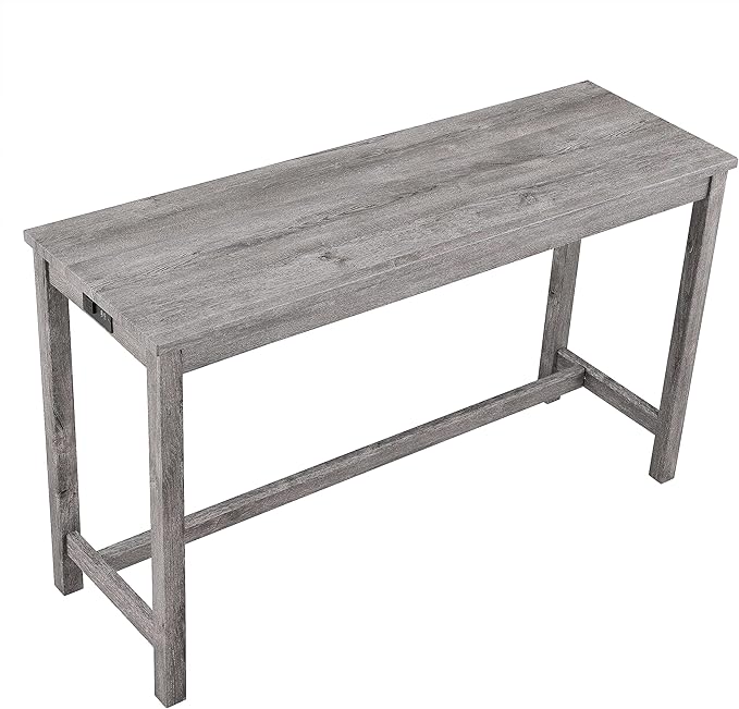 4 Piece Bar Dining Set with Power Outlet, Industrial Solid Wood Breakfast w/ 3 Upholstered Stools, Modern Bistro Table & Chairs Furniture for Kitchen, Living Room, Apartment, Light Gray - LeafyLoom