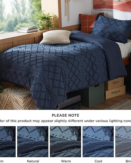 Bedsure Twin/Twin XL Comforter Set - Navy Boho Twin Extra Long Comforter Set for College, Shabby Chic Dorm Bedding Set, 2 Pieces Modern Farmhouse Bed Set, includes 1 Pillow Sham - LeafyLoom