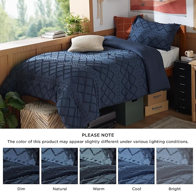 Bedsure Twin/Twin XL Comforter Set - Navy Boho Twin Extra Long Comforter Set for College, Shabby Chic Dorm Bedding Set, 2 Pieces Modern Farmhouse Bed Set, includes 1 Pillow Sham - LeafyLoom