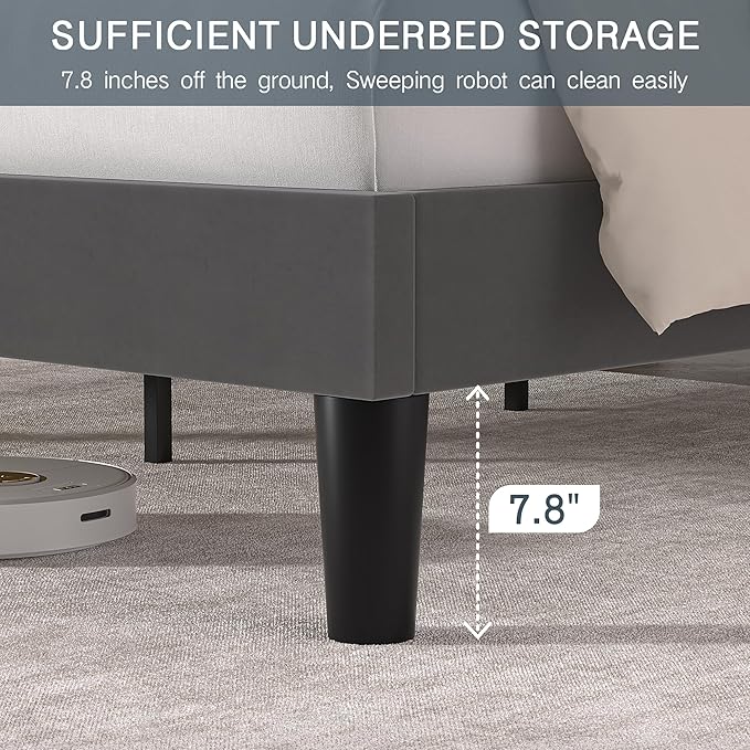 VECELO Queen Size Platform Bed Frame with Height Adjustable Upholstered Headboard, Modern Mattress Foundation,Strong Wood Slat Support, No Box Spring Needed, Easy Assembly - LeafyLoom