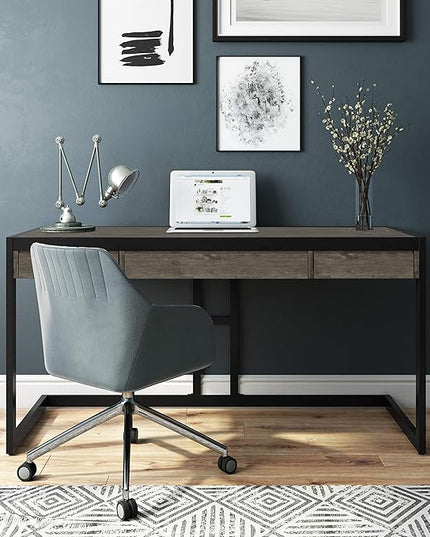 SIMPLIHOME Erina SOLID WOOD and Metal Modern Industrial 60 inch Wide Home Office Desk, Writing Table, Workstation, Study Table Furniture in Farmhouse Grey with 2 Drawers - LeafyLoom