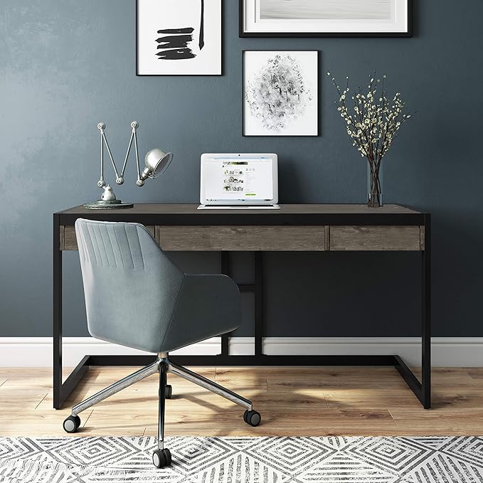 SIMPLIHOME Erina SOLID WOOD and Metal Modern Industrial 60 inch Wide Home Office Desk, Writing Table, Workstation, Study Table Furniture in Farmhouse Grey with 2 Drawers - LeafyLoom