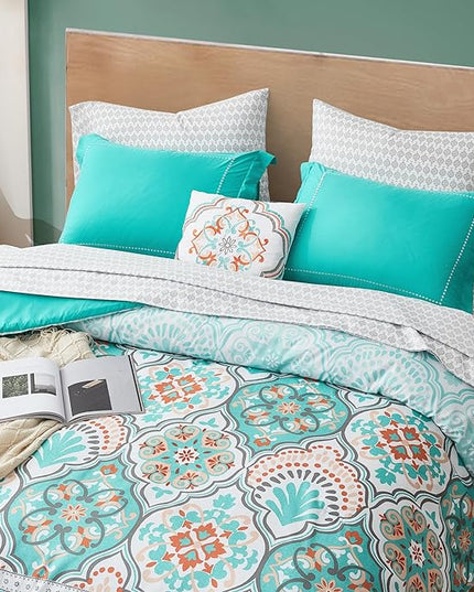 Degrees of Comfort Twin Bed in A Bag 6 Piece, Lattice Boho Bedding Sets for Teen Girls, Aqua Floral Bed Set, Microfiber Colorful Comforter Set with Sheets, Matching Decorative Pillow - LeafyLoom