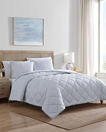 Nautica - King Comforter Set, Luxuriously Soft Seersucker Textured Bedding with Matching Shams, Wrinkle-Free Striped Home Decor (Windsor Blue, King) - LeafyLoom
