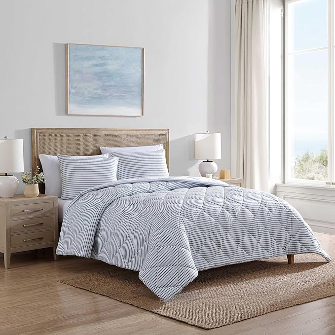 Nautica - King Comforter Set, Luxuriously Soft Seersucker Textured Bedding with Matching Shams, Wrinkle-Free Striped Home Decor (Windsor Blue, King) - LeafyLoom