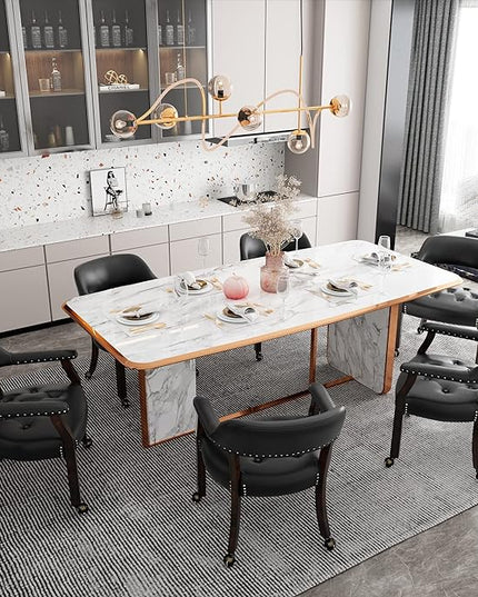 Large Dining Chairs with Casters and Arms, Rolling Dining Chairs with Wheels, Accent Game Poker Chairs, Boss Caption's Chairs, 26" D x 25.2" W x 31.5" H, Espresso Legs & Black PU, SY-318-BK - LeafyLoom
