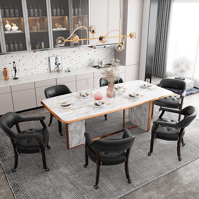 Large Dining Chairs with Casters and Arms, Rolling Dining Chairs with Wheels, Accent Game Poker Chairs, Boss Caption's Chairs, 26" D x 25.2" W x 31.5" H, Espresso Legs & Black PU, SY-318-BK - LeafyLoom