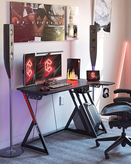 CubiCubi Aurora Gaming Desk with Carbon Fiber Surface, 47 Inch L Shaped Desk with Storage Shelves, Small Corner Computer Desk with Monitor Shelf, Gamer Desk PC Table, Black - LeafyLoom