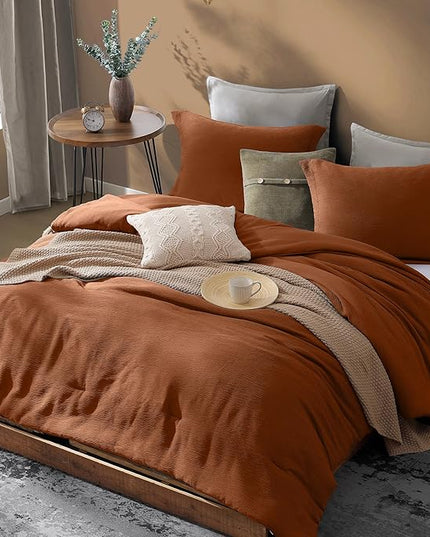 Burnt Orange Queen Comforter Set, Minimalist Lightweight Comforter for Crinkle Design Queen Bed Set, Bedding Queen Size, 3 Piece with Modern Comforter & Shams (Queen, 90"x90") - LeafyLoom