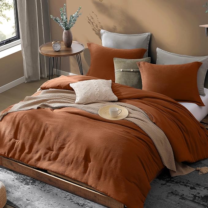 Burnt Orange Queen Comforter Set, Minimalist Lightweight Comforter for Crinkle Design Queen Bed Set, Bedding Queen Size, 3 Piece with Modern Comforter & Shams (Queen, 90"x90") - LeafyLoom