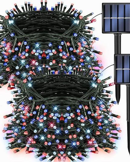 Dazzle Bright 2 Pack Red White and Blue Solar String Lights, 400LED 132FT Christmas Independence Day String Lights, Solar Powered with 8 Modes Waterproof for Outdoor Party Decorations DazzleBright