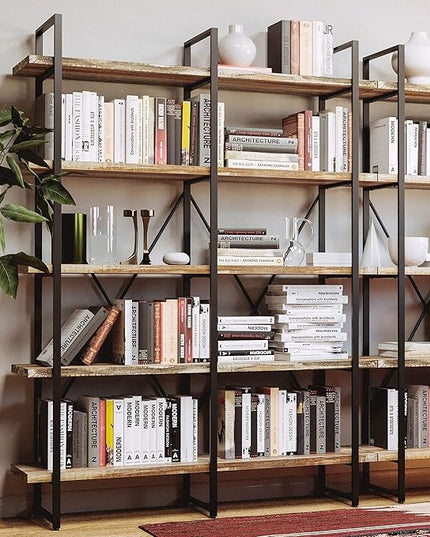 IRONCK Bookshelf, Double Wide 5-Tier Open Bookcase Vintage Industrial Large Shelves, Wood and Metal Etagere Bookshelves, for Home Decor Display, Office Furniture, 13D x 53.1W x 70H in - LeafyLoom