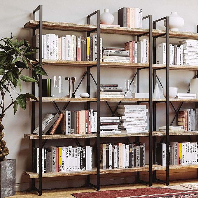 IRONCK Bookshelf, Double Wide 5-Tier Open Bookcase Vintage Industrial Large Shelves, Wood and Metal Etagere Bookshelves, for Home Decor Display, Office Furniture, 13D x 53.1W x 70H in - LeafyLoom
