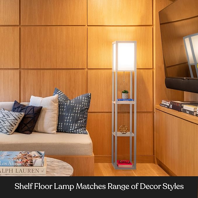 Brightech Maxwell - Modern Shelf Floor Lamp with Lamp Shade and LED Bulb - Corner Display Floor Lamps with Shelves for Living Room, Bedroom and Office - White - LeafyLoom