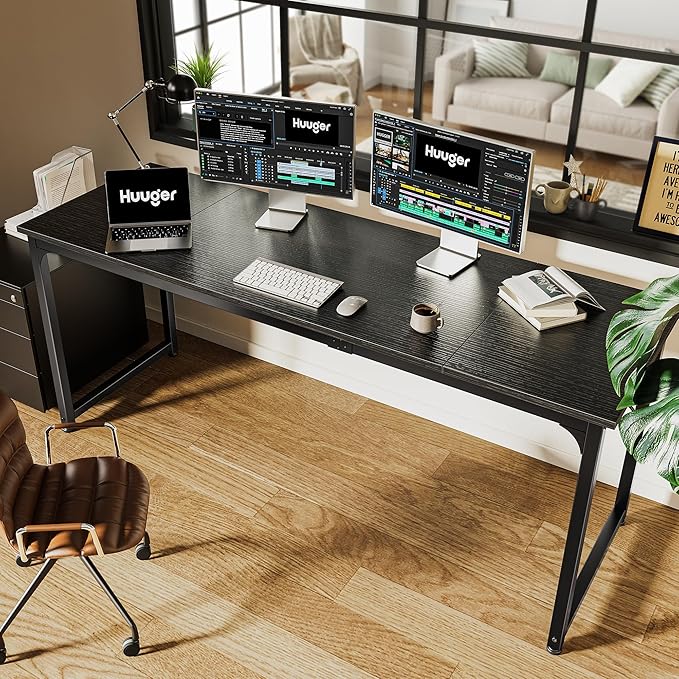 Computer Desk, 70 Inch Office Desk, Gaming Desk with Storage, Writing Desk Work Desk for Home Office, Study, Long Simple Desk, Large Legroom, Metal Frame, Black - LeafyLoom