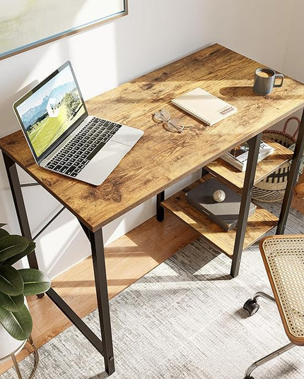 CubiCubi Small Computer Desk, 35 Inch Home Office Desk with 2 Storage Shelves on Left or Right Side, Study Writing Desk with Storage Board, Rustic Brown - LeafyLoom