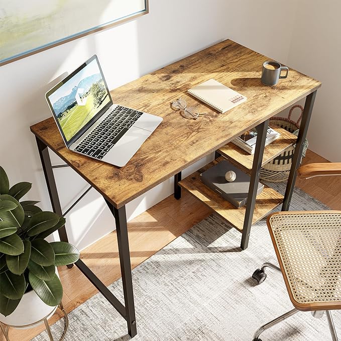 CubiCubi Small Computer Desk, 35 Inch Home Office Desk with 2 Storage Shelves on Left or Right Side, Study Writing Desk with Storage Board, Rustic Brown - LeafyLoom