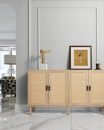 Finnhomy 4 Door Sideboard Buffet Cabinet, Kitchen Storage Cabinet with Rattan Decorated Doors, Cupboard Console Table, Boho Accent Liquor Cabinet, Bar Cabinet, 62.3X 15.7X 34.6 Inches, Natural - LeafyLoom