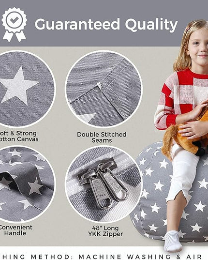 Aubliss Stuffed Animal Bean Bag Storage Chair, Beanbag Covers Only for Organizing Plush Toys, Turns into Bean Bag Seat for Kids When Filled, Medium 32"-Canvas Stars Grey - LeafyLoom