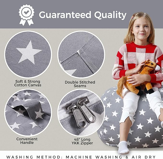 Aubliss Stuffed Animal Bean Bag Storage Chair, Beanbag Covers Only for Organizing Plush Toys, Turns into Bean Bag Seat for Kids When Filled, Medium 32"-Canvas Stars Grey - LeafyLoom