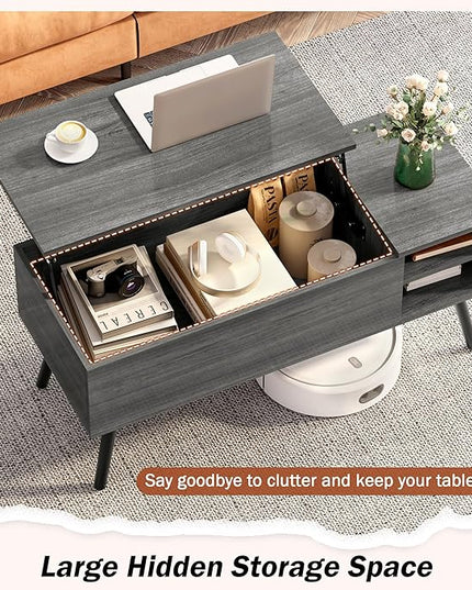 Lift Top Coffee Table with Storage, Oak Grey Coffee Table with Lifting Top, Hidden Compartment and Open Shelves, Mid-Century Modern Wood Coffee Table for Living Room, Small Space - LeafyLoom