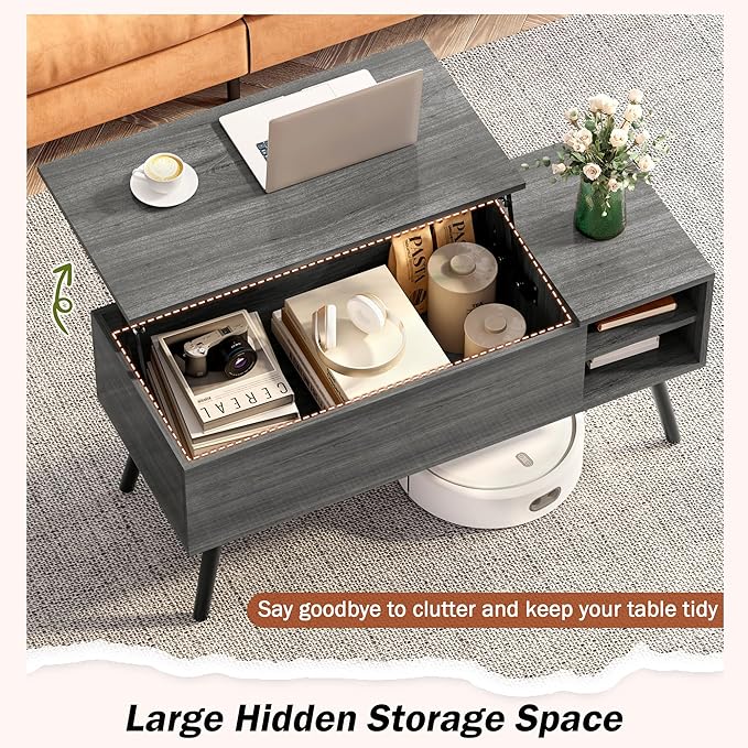 Lift Top Coffee Table with Storage, Oak Grey Coffee Table with Lifting Top, Hidden Compartment and Open Shelves, Mid-Century Modern Wood Coffee Table for Living Room, Small Space - LeafyLoom