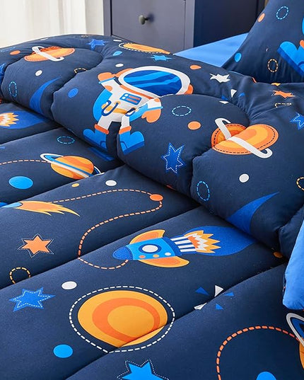 Space Navy Twin XL Comforter Sets for Boys Girls Kids Teen 5 Pieces Bed in a Bag Galaxy Astronaut Comforter with Sheet Sets Dorm Bedding Set - LeafyLoom