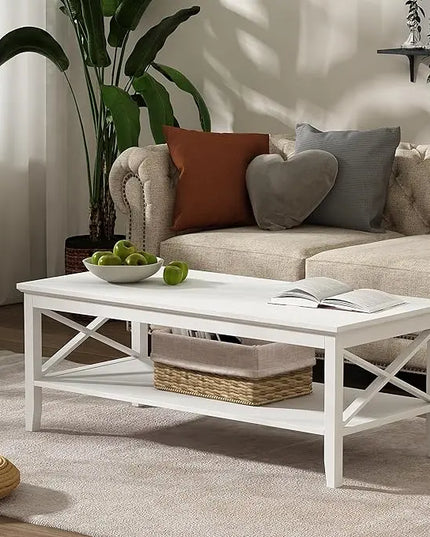 ChooChoo White Coffee Table Classic X Design for Living Room, Rectangular Modern Cocktail Table with Storage Shelf, 47 Inch - LeafyLoom