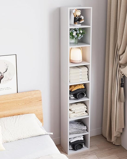 71 Inches Tall Narrow Bookshelf, 8-Tier CD DVD Slim Media Tower Rack, Corner Bookcase with Adjustable Shelves, Skinny Cubes Bookshelves for Home Office Small Space, White - LeafyLoom